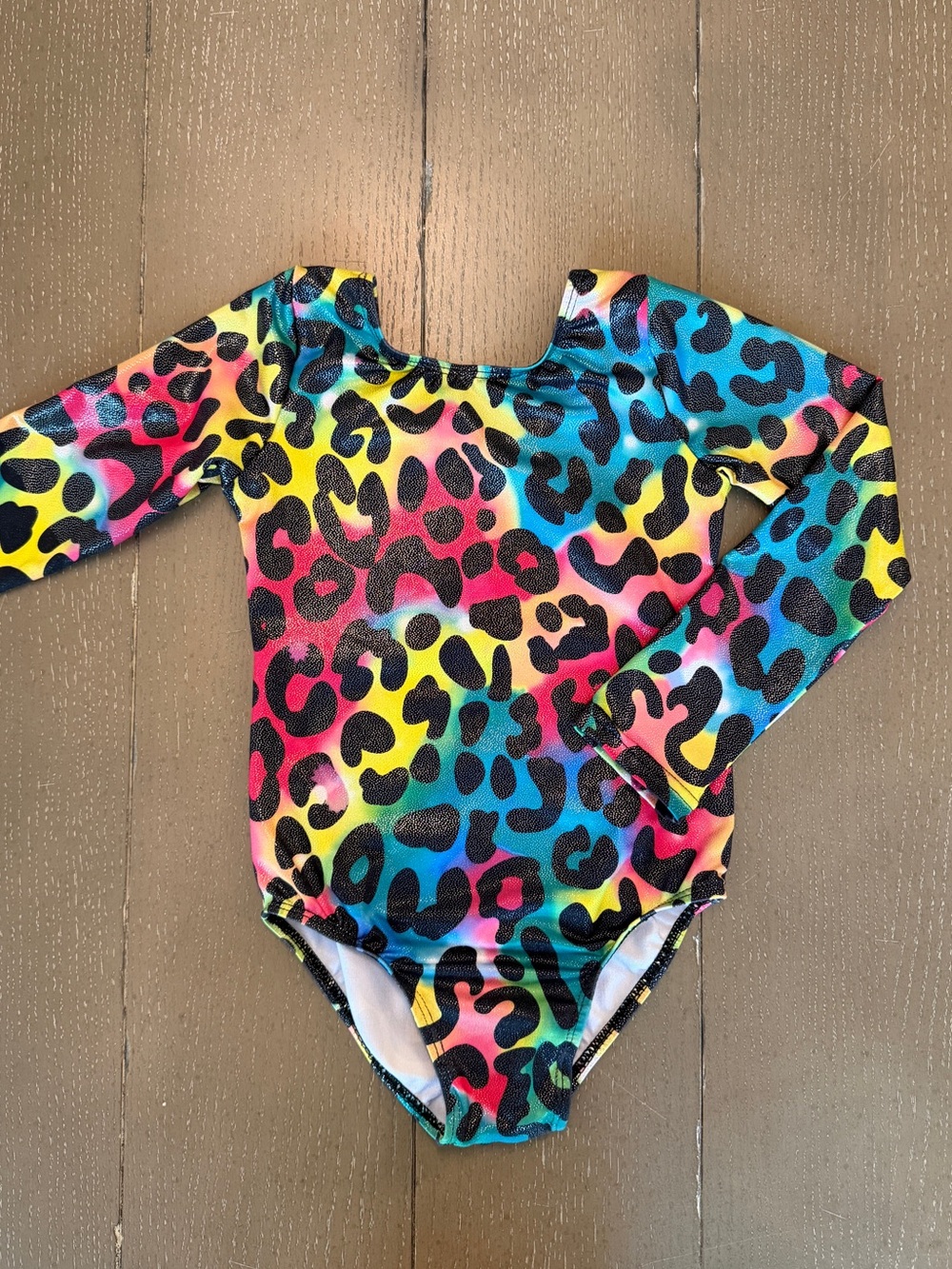 Girls’ Youth Long-Sleeve Dance/Gymnastics Rainbow Cheetah Leotard • Size 130cm